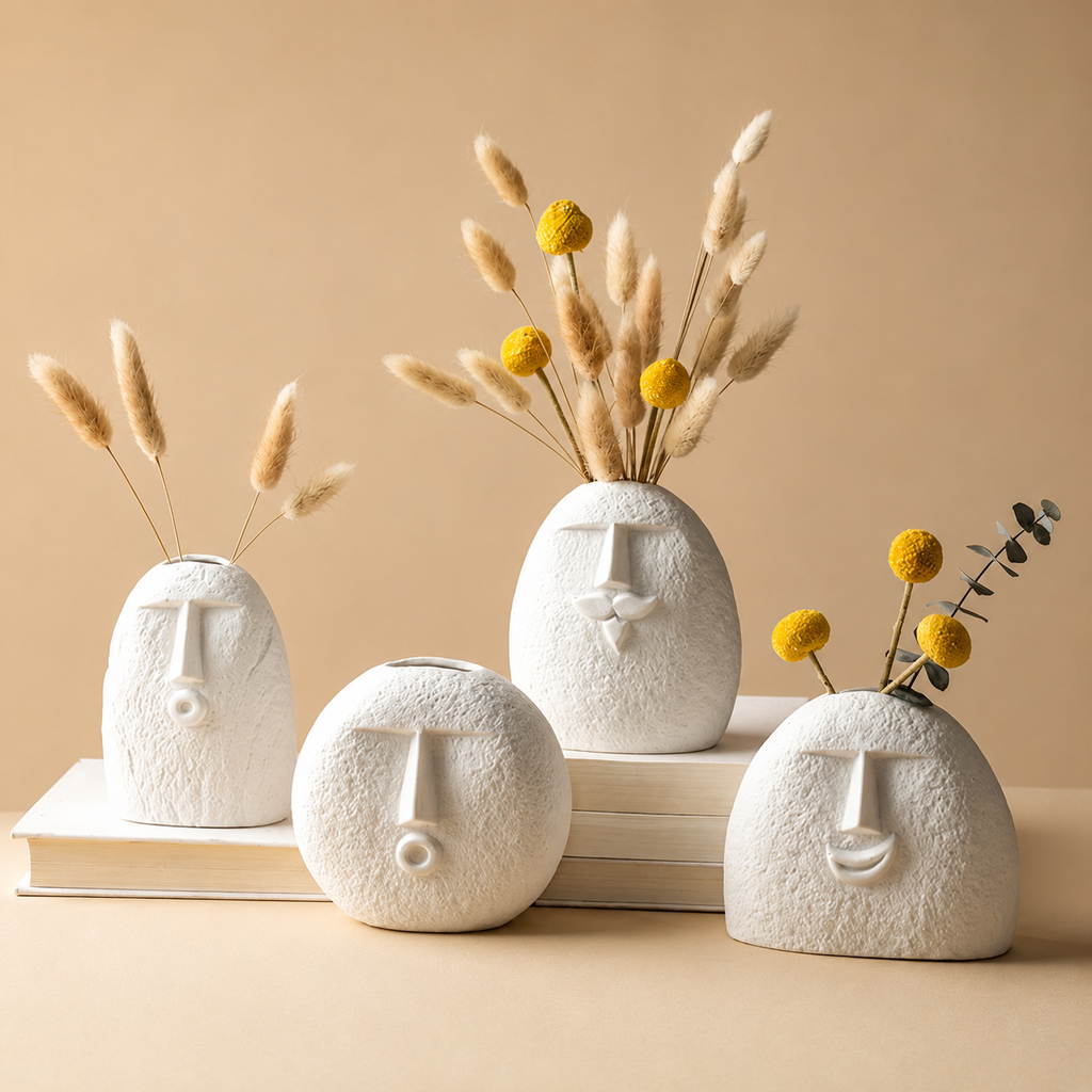 Abstract face vase set of 4 with dried flowers - front view