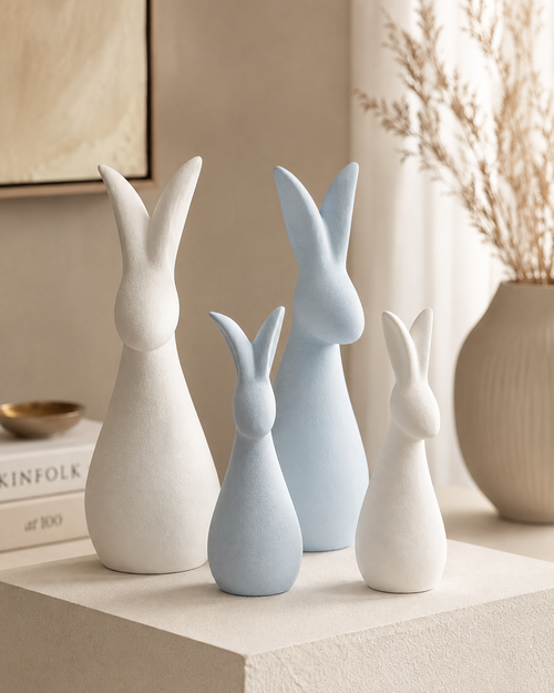 Abstract ceramic rabbit figurines set of 4 in white and blue - front view