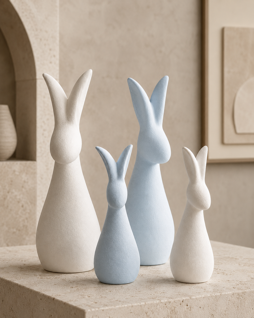 Abstract ceramic rabbit figurines set of 4 - side profile view