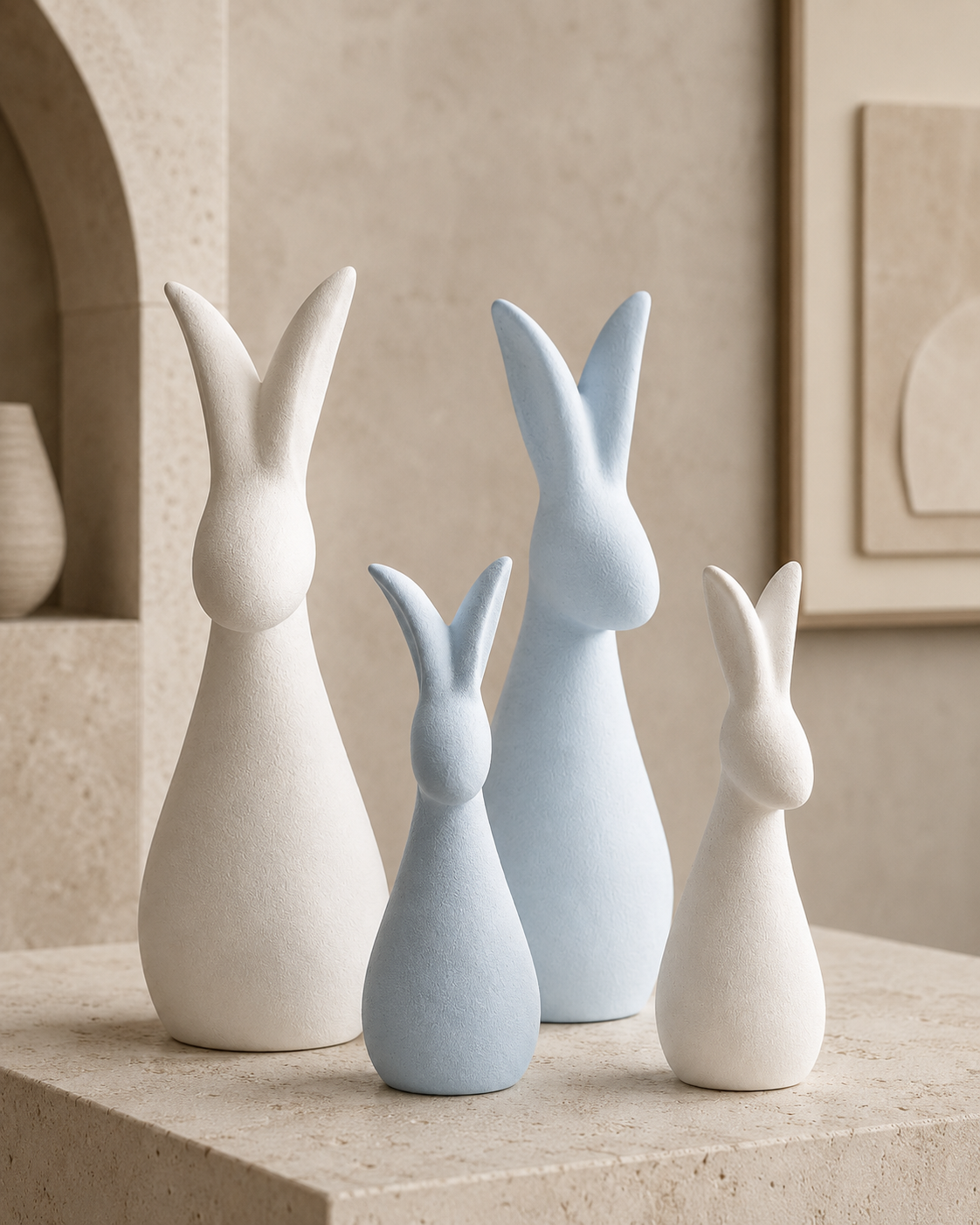 Abstract ceramic rabbit figurines set of 4 - side profile view