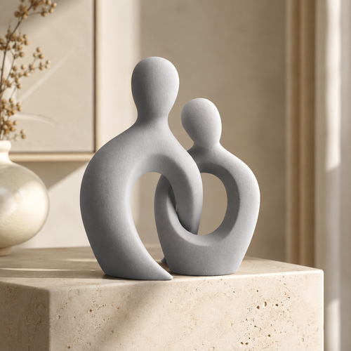 Abstract couple figurine - two interlocking ceramic figures in matte grey