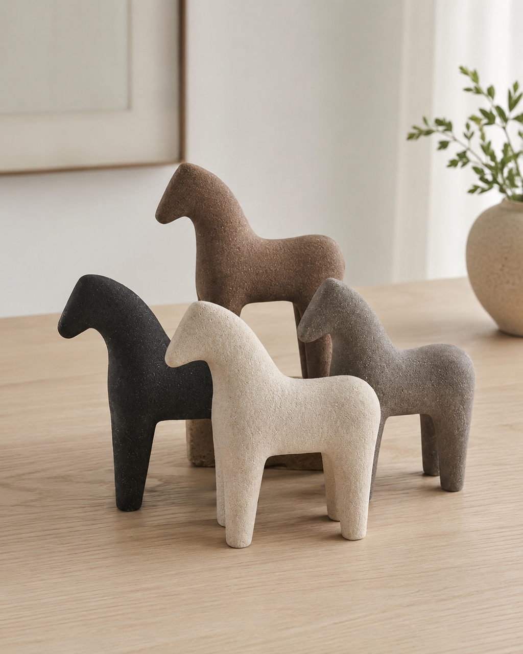 Abstract human figure sculpture set of 3 on wooden console - lifestyle