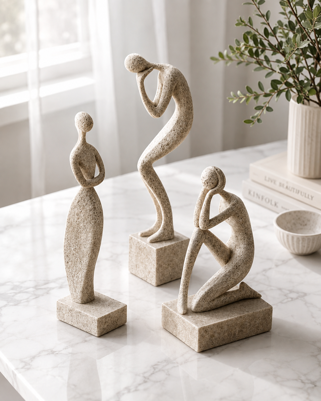 Ceramic horse figurines set of 4 on travertine plinth - neutral background