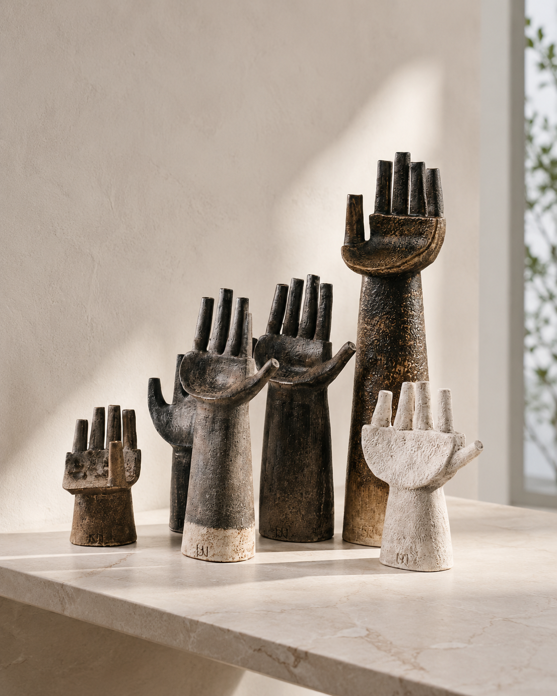 Raised hand sculpture set multiple sizes dark bronze front view