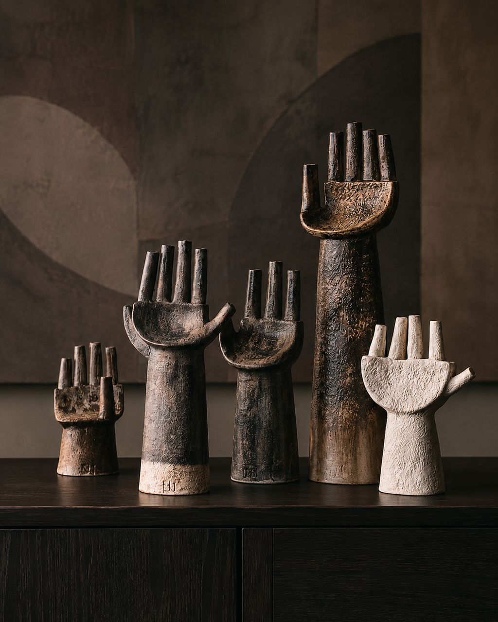 Raised hand sculpture cream and dark bronze versions side by side