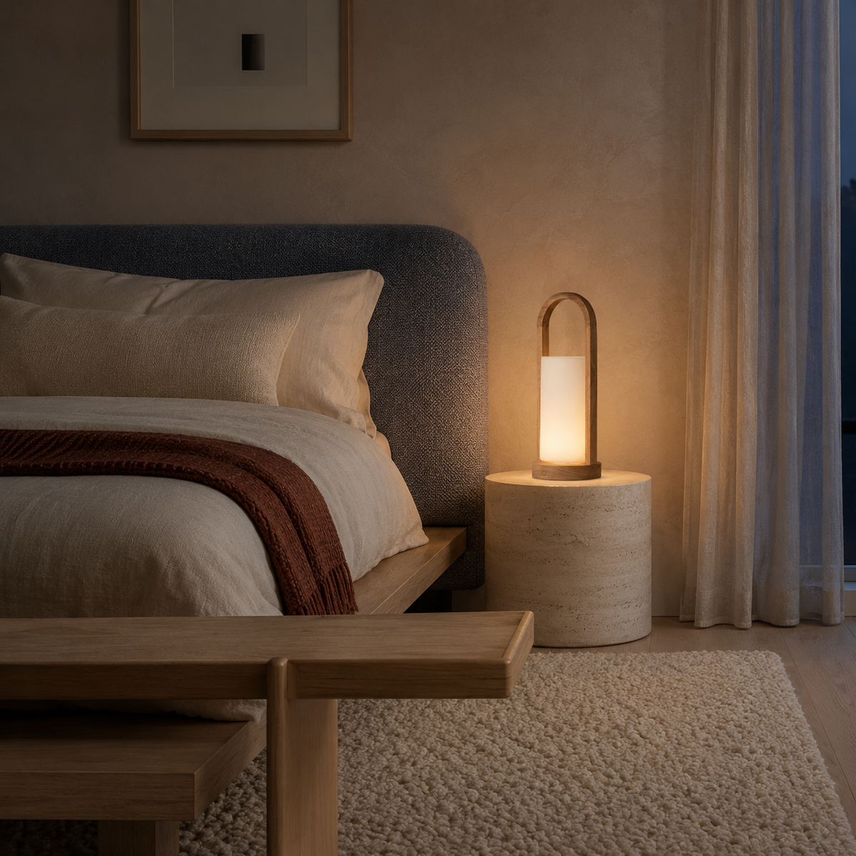 Oak Arch Lantern Lamp in a serene bedroom