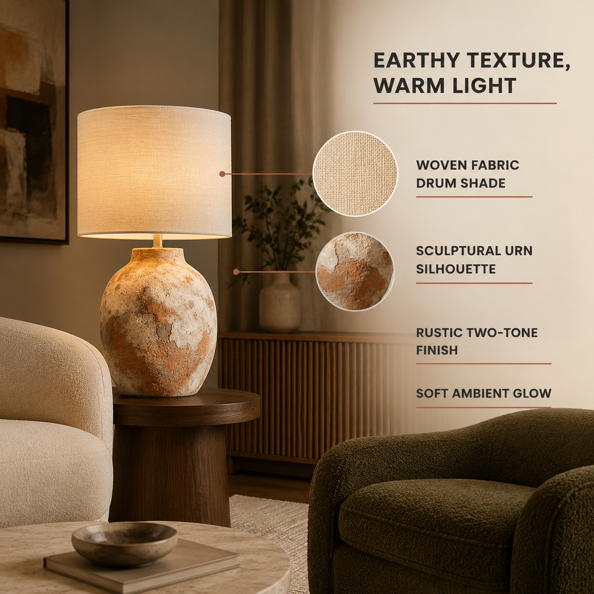 Rustic Ceramic Urn Table Lamp warm glow in living room
