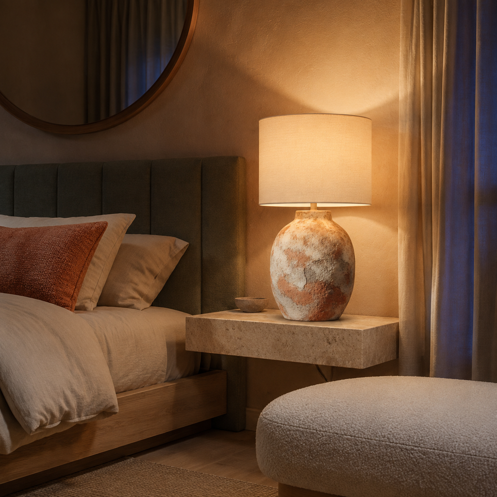 Rustic Ceramic Urn Lamp glowing in Japandi bedroom