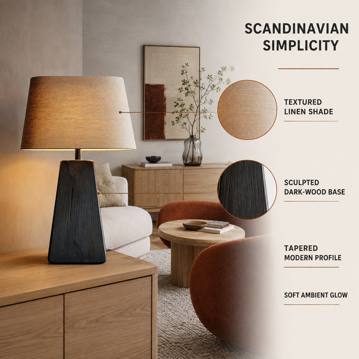 Scandinavian Lamp with textured linen shade close-up