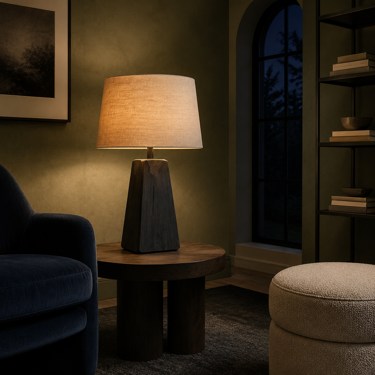 Scandinavian lamp in a moonlit reading room