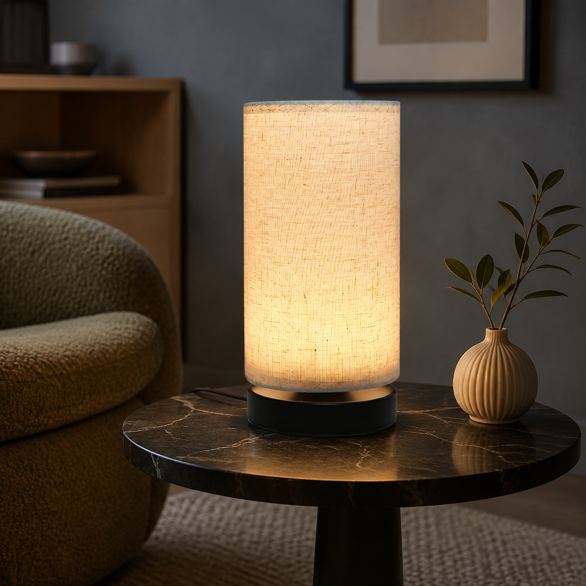 Warm cylindrical lamp in modern reading nook