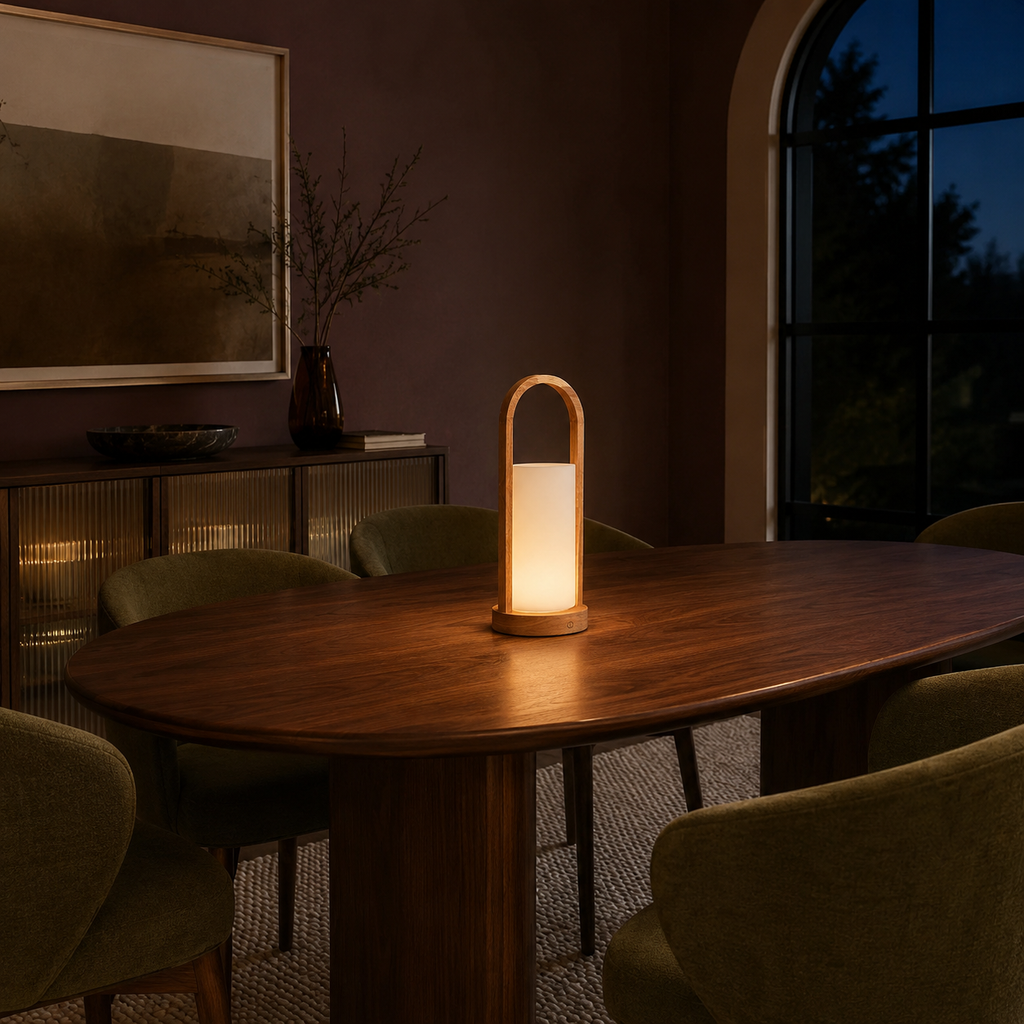 Oak Arch Lantern Lamp warm glow in dining room