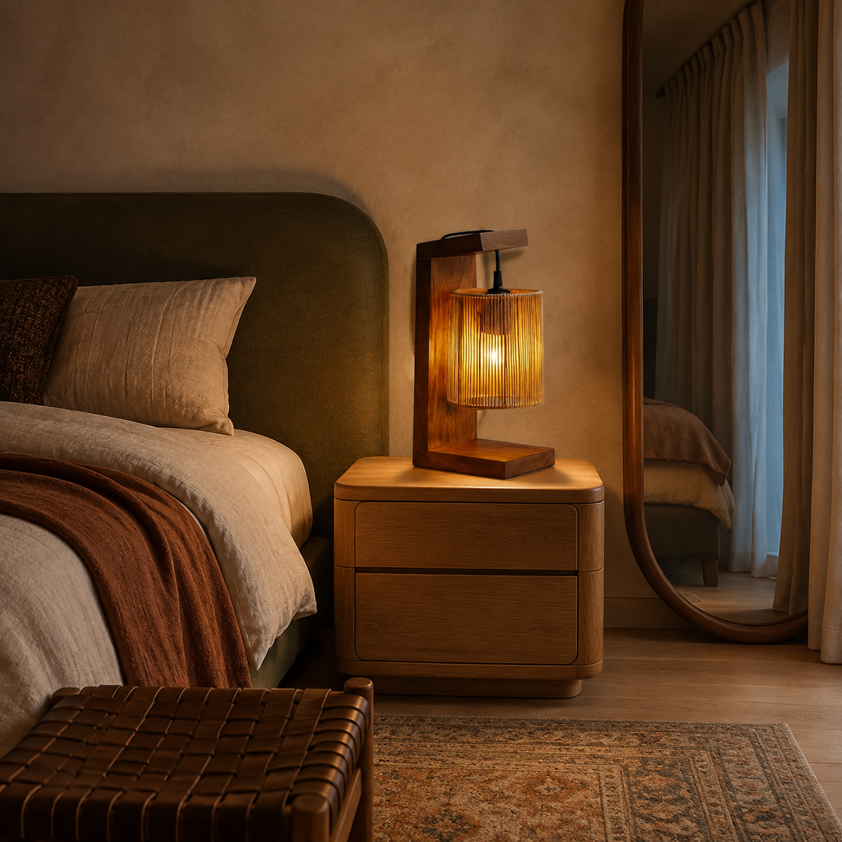 Warm Raffia Arch Table Lamp on a bedside table