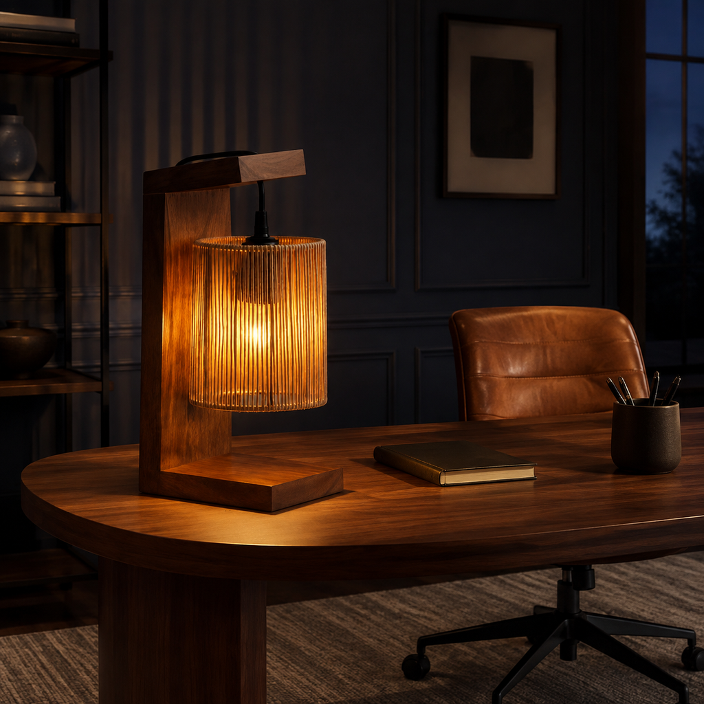 Warm Raffia Arch Table Lamp glowing in a midnight home office