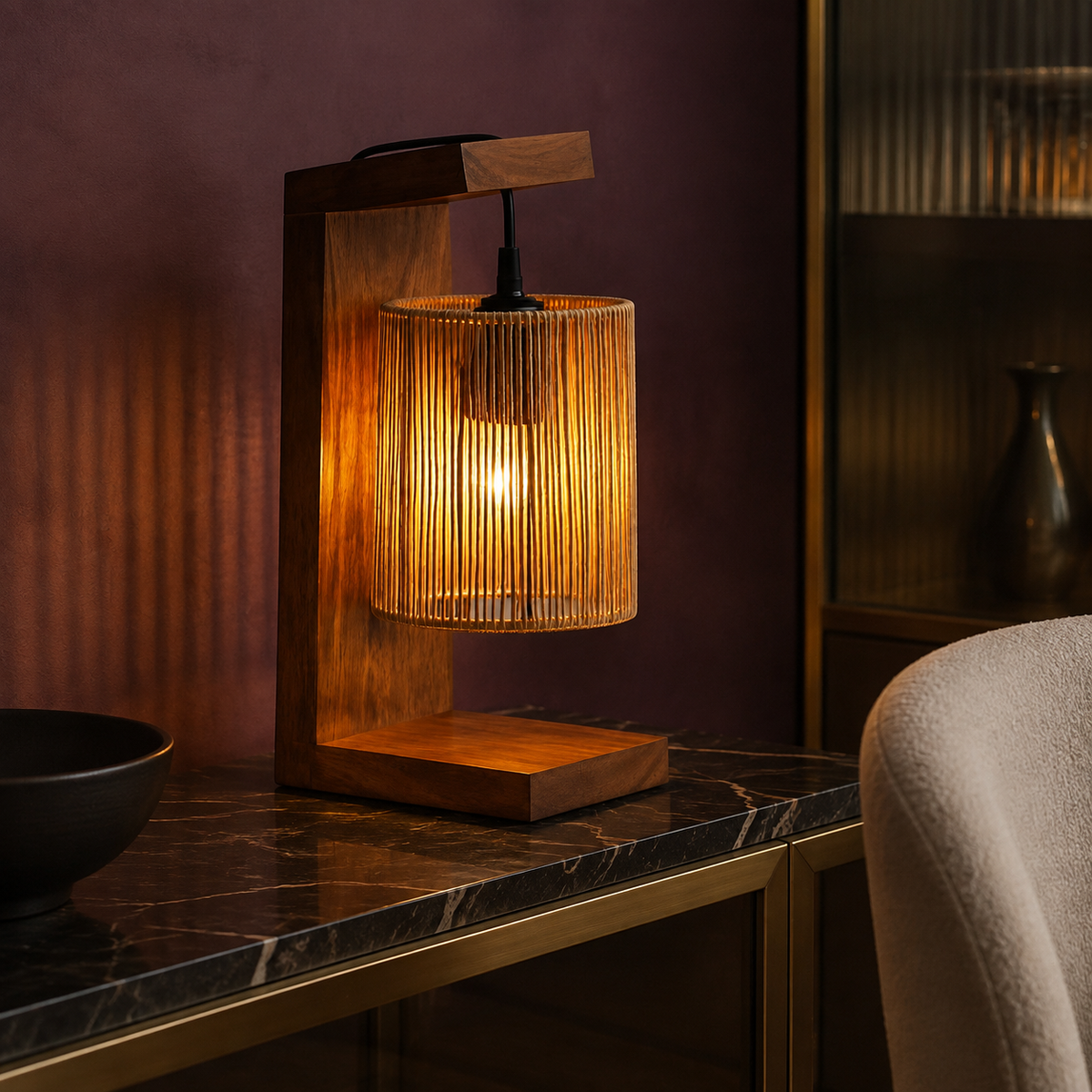 Warm Raffia Arch Table Lamp on a marble surface