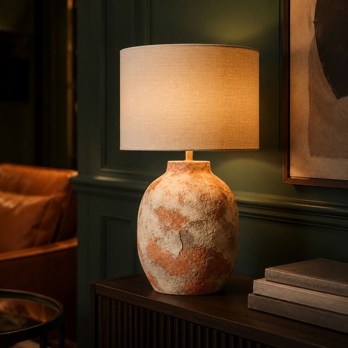 Rustic Ceramic Urn Lamp in green reading room