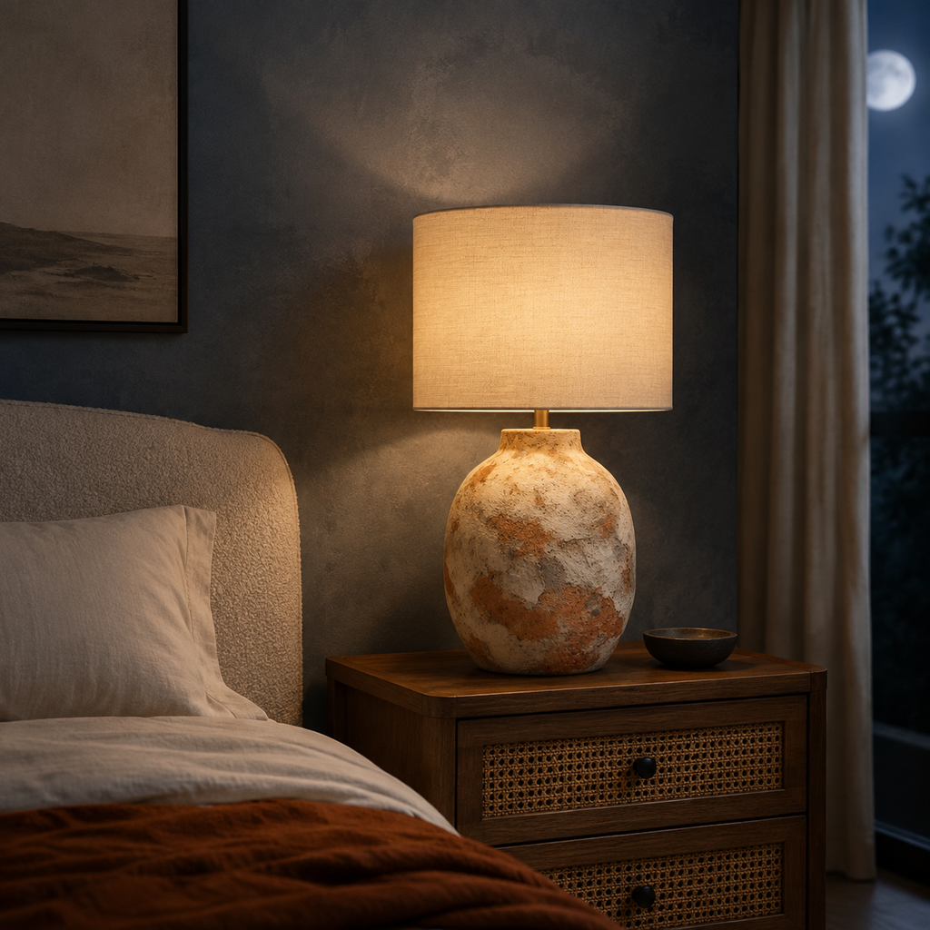 Rustic Ceramic Urn Lamp in moonlit bedroom