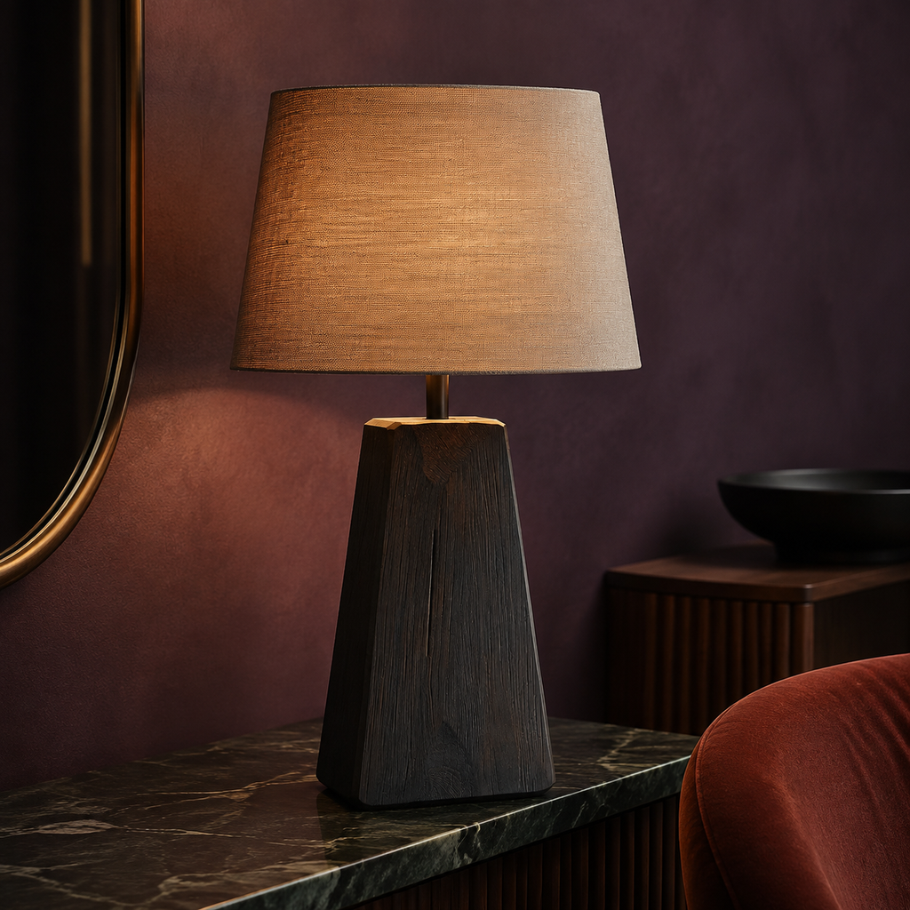 Scandinavian Wood Frame Lamp in an aubergine entryway