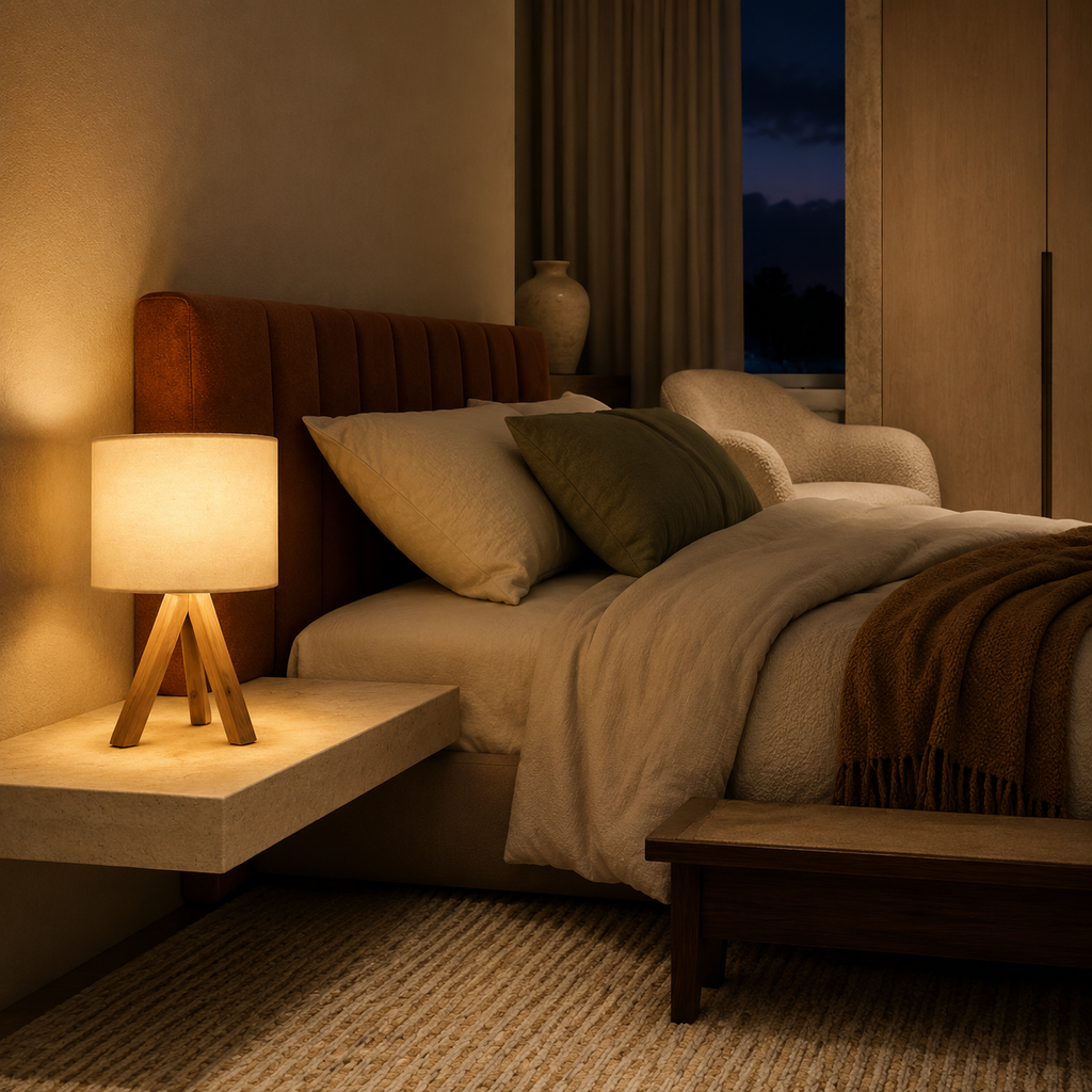 Warm tripod lamp by bedside