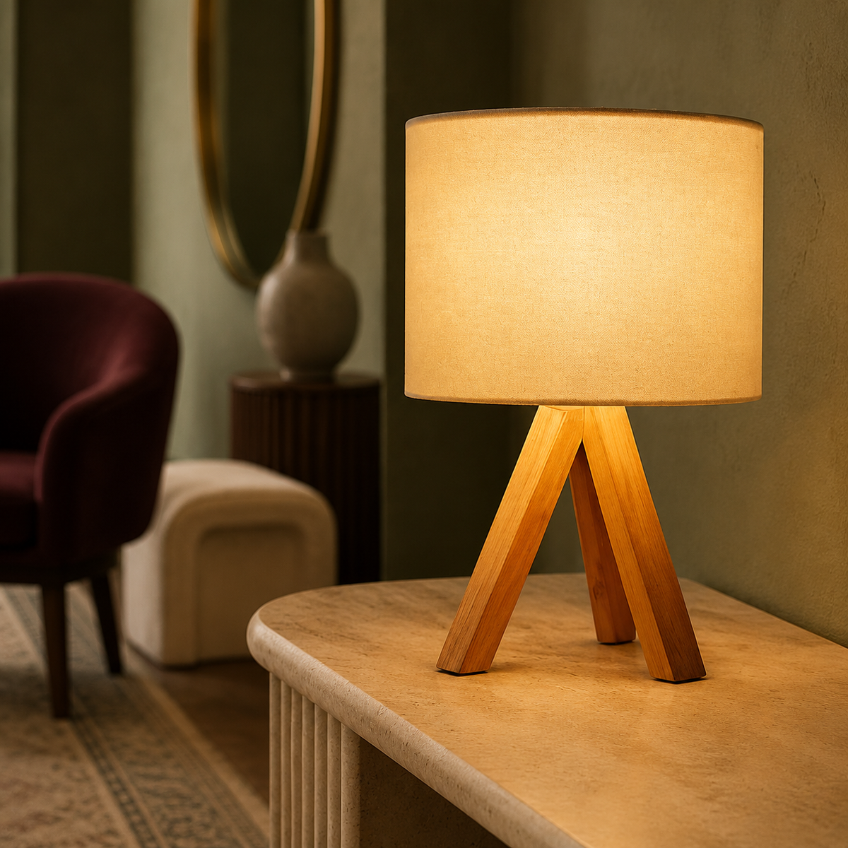 Warm tripod lamp in sage entryway