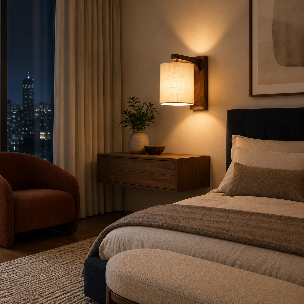 Warm wall sconce in a midnight bedroom