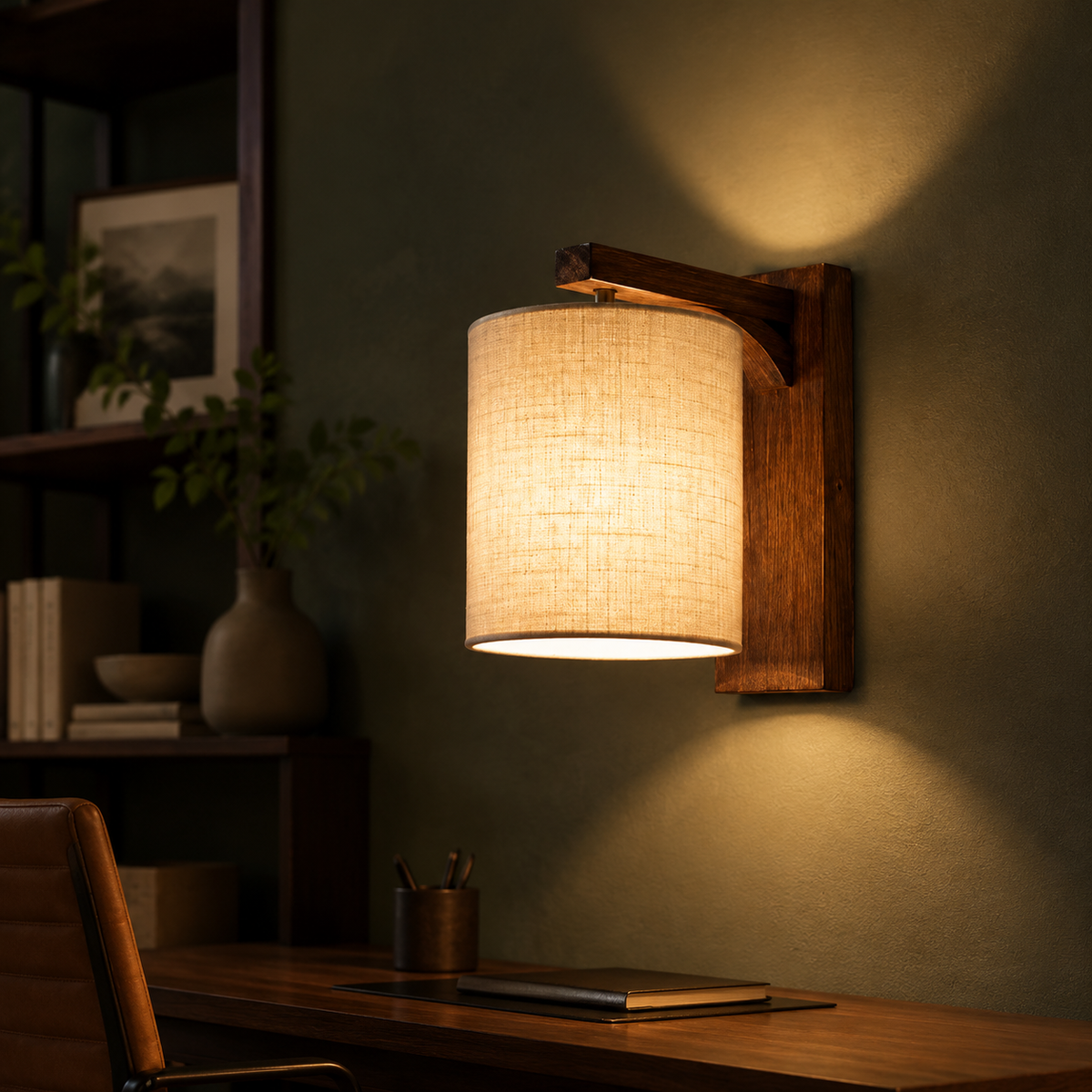 Woven wood sconce in green office