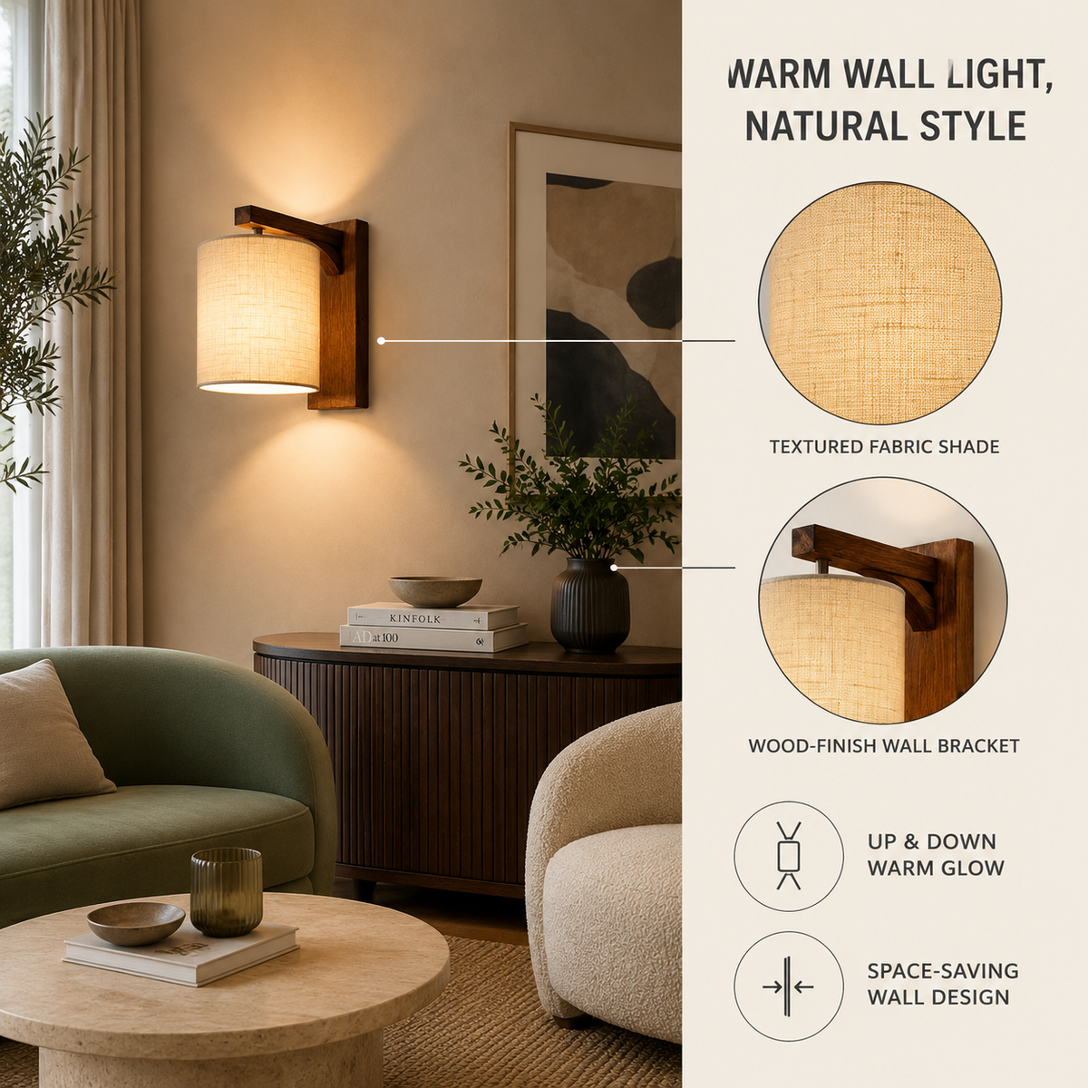 Woven wall lamp in sage living room