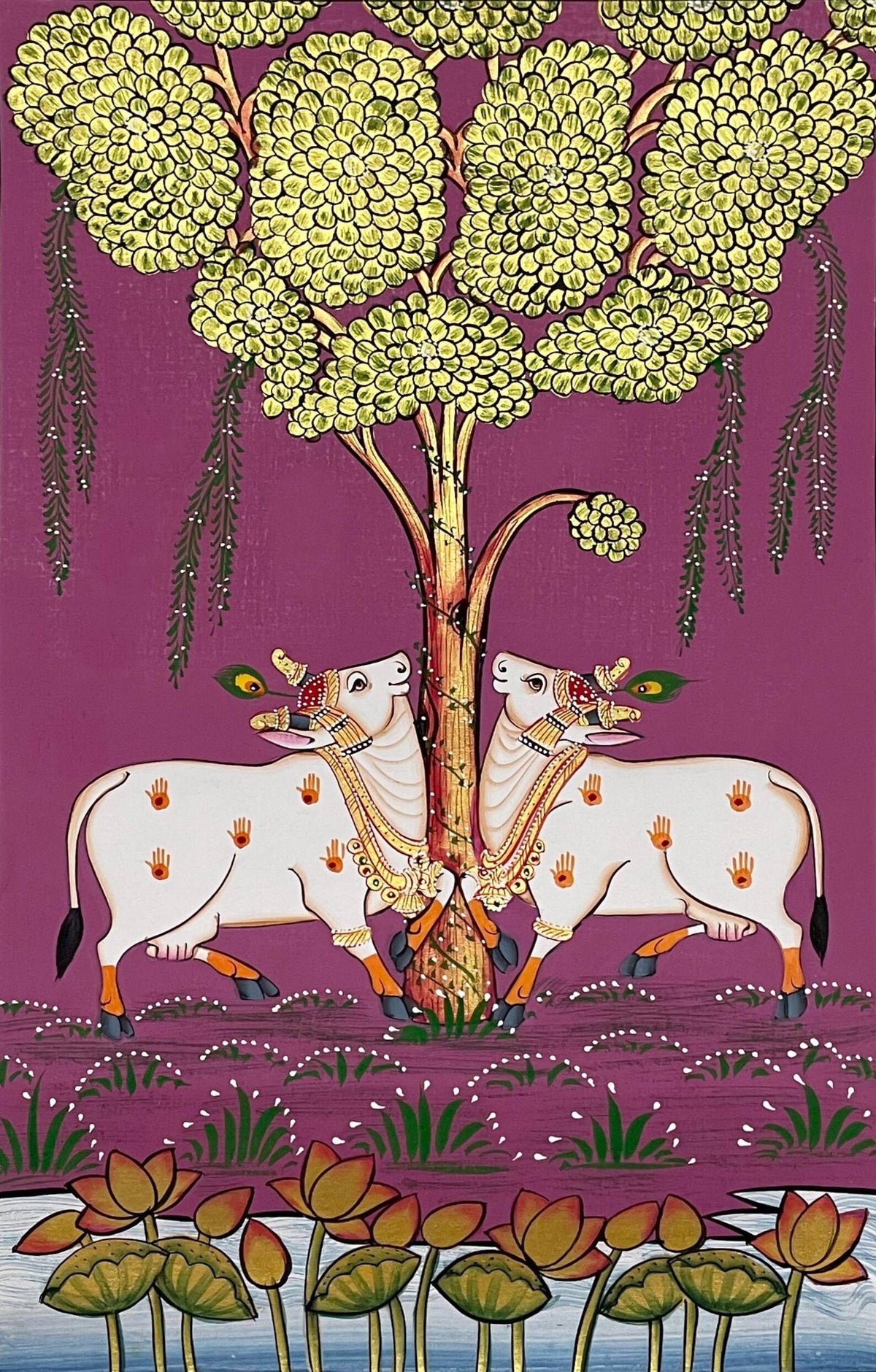 Divine Companions – Pichwai Cow & Tree Artwork