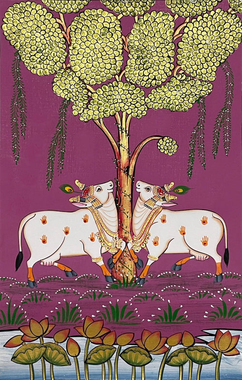 Divine Companions – Pichwai Cow & Tree Artwork