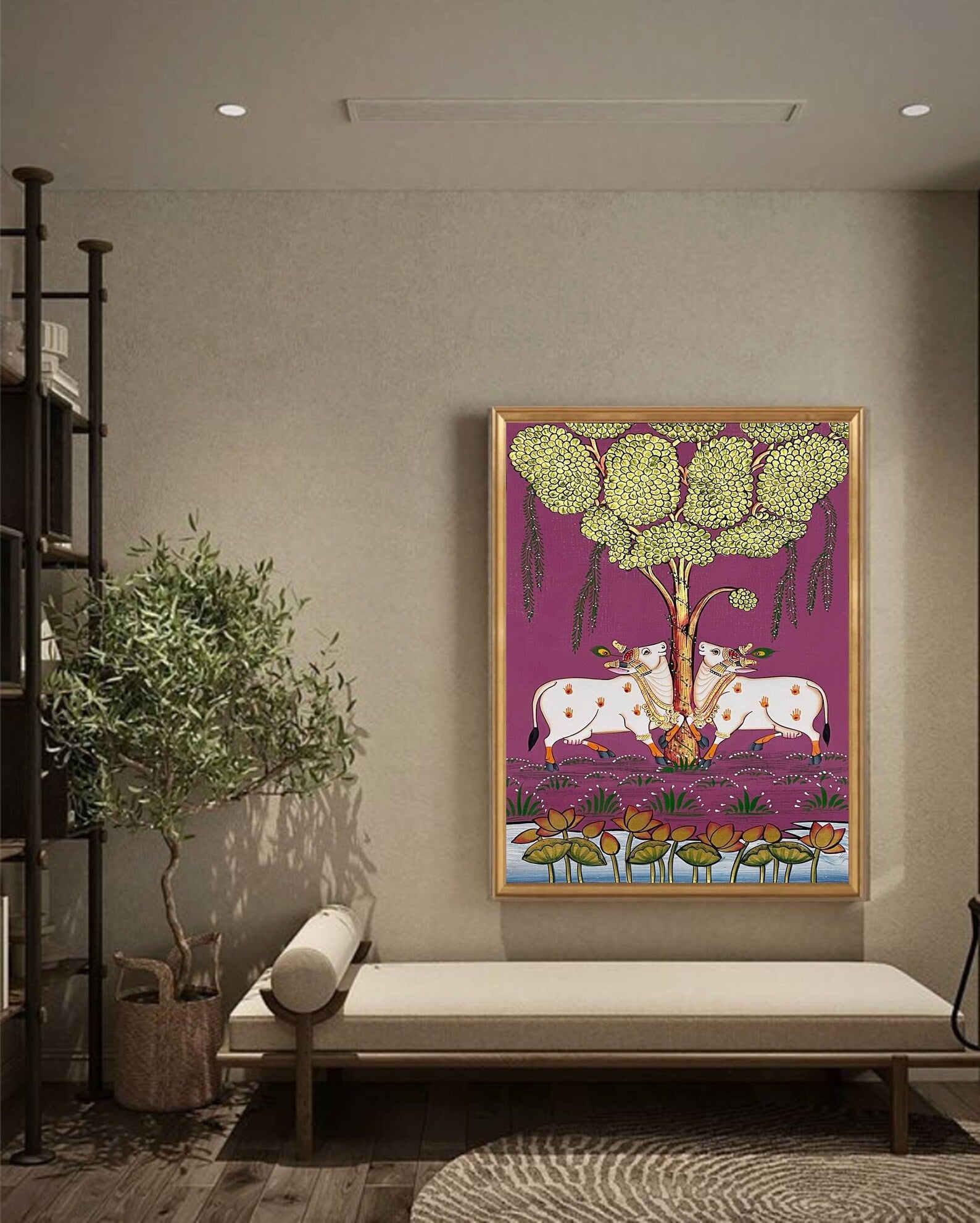 Divine Companions – Pichwai Cow & Tree Artwork