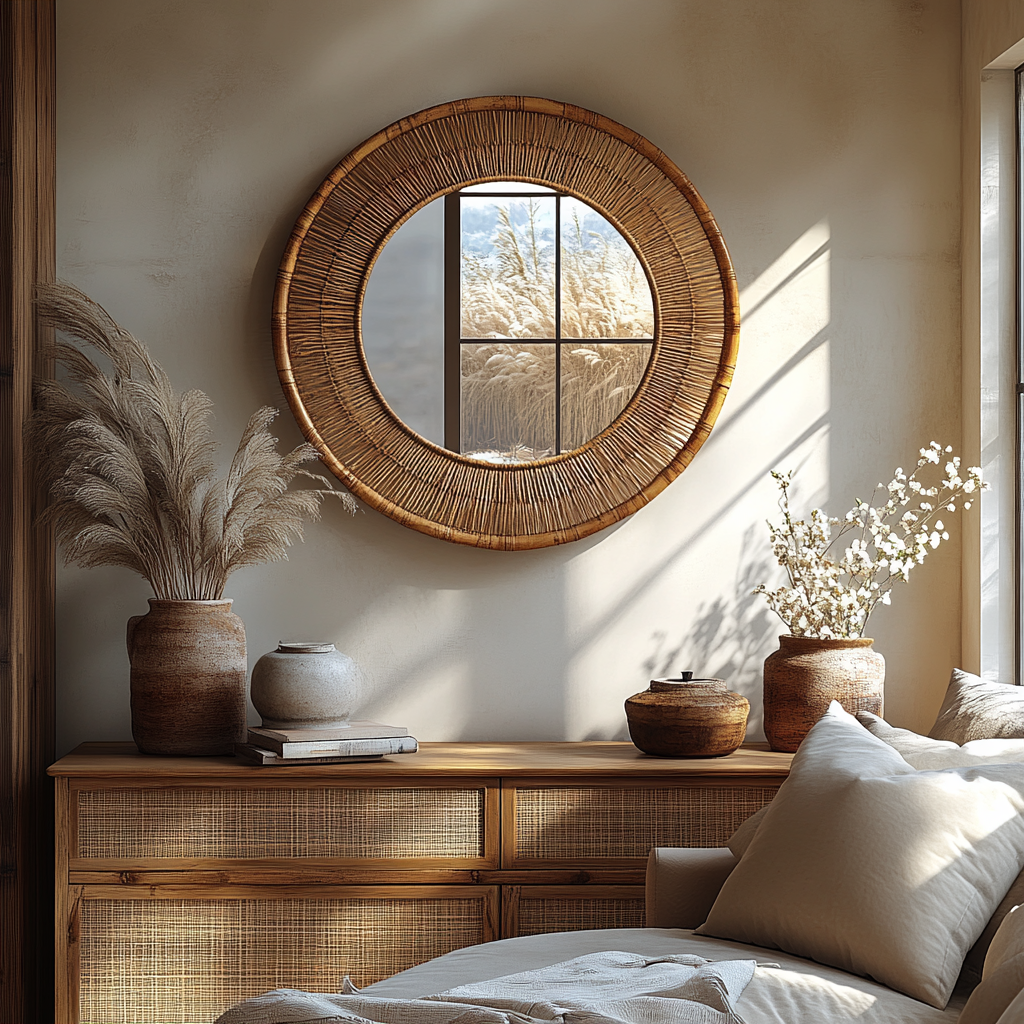 The Indus Craft Boho Rattan Round Wall Mirror | Handmade Cane Frame Mirror | Rustic Natural Wall Decor for Living Room & Bedroom
