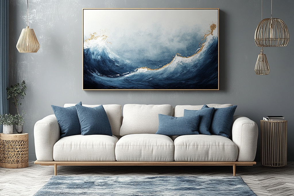 The Indus Craft Ocean Wave Wall Art | Abstract Sea Canvas Painting | Modern Blue Coastal Wall Decor for Living Room
