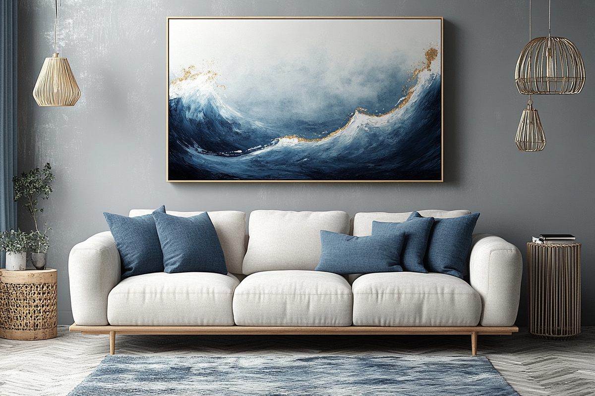 The Indus Craft Ocean Wave Wall Art | Abstract Sea Canvas Painting | Modern Blue Coastal Wall Decor for Living Room