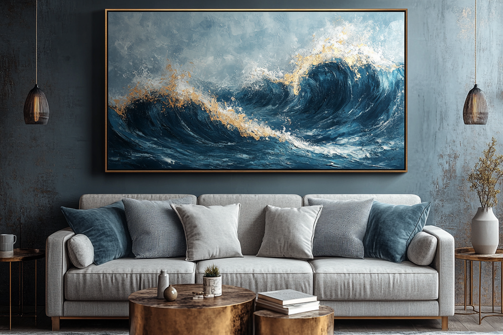 The Indus Craft Ocean Wave Wall Art | Abstract Sea Canvas Painting | Modern Blue Coastal Wall Decor for Living Room