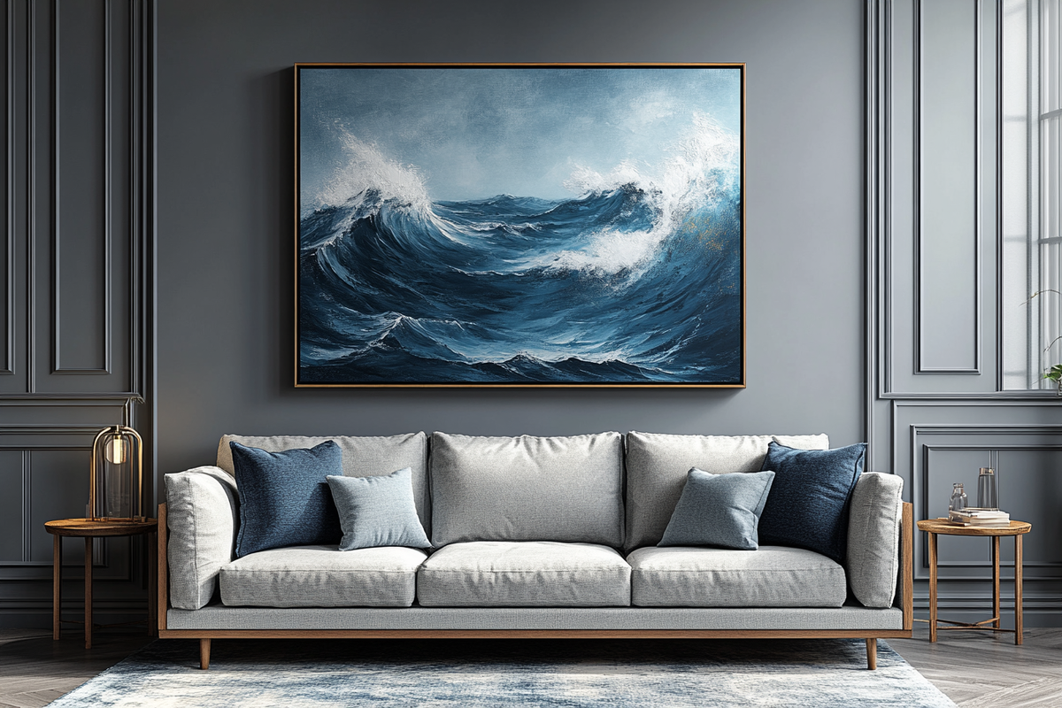 The Indus Craft Ocean Wave Wall Art | Abstract Sea Canvas Painting | Modern Blue Coastal Wall Decor for Living Room