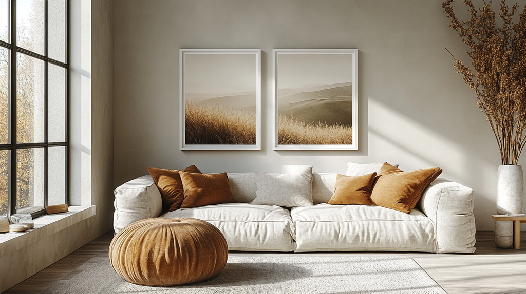 The Indus Craft Neutral Horizon Wall Art Set (Set of 2) | Minimal Abstract Landscape & Sun Canvas Prints | Boho Japandi Living Room Decor