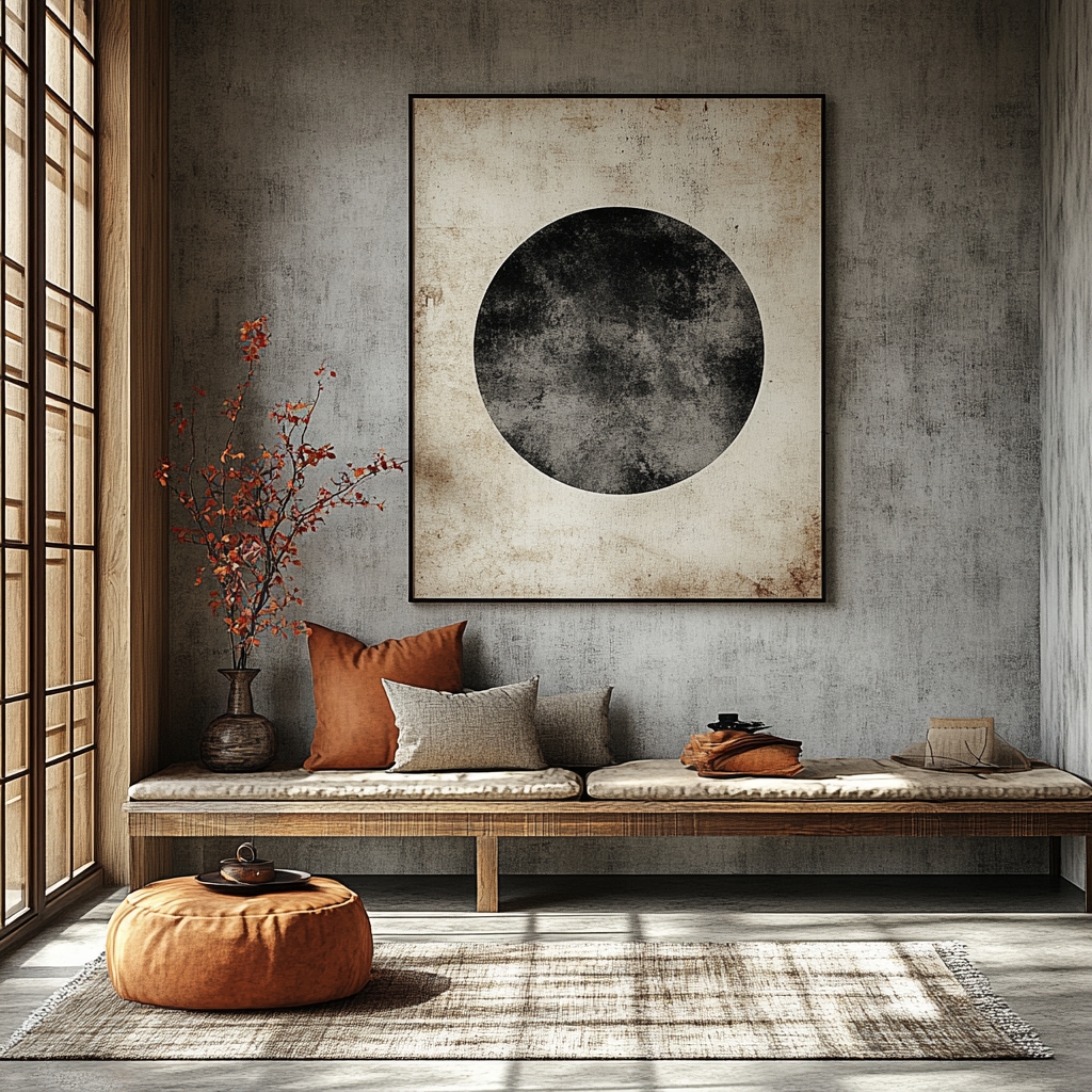 The Indus Craft Zen Circle & Moon Phase Wall Art Collection | Japanese Minimal Abstract Canvas Prints | Wabi Sabi Neutral Decor (3 Design Options)